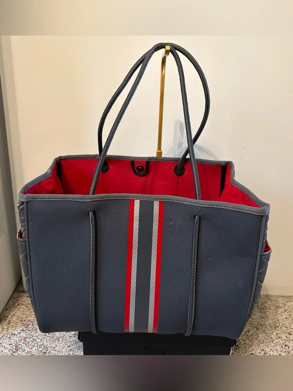 Haute Shore Gray Neoprene Tote Bag with Red & Silver Stripes